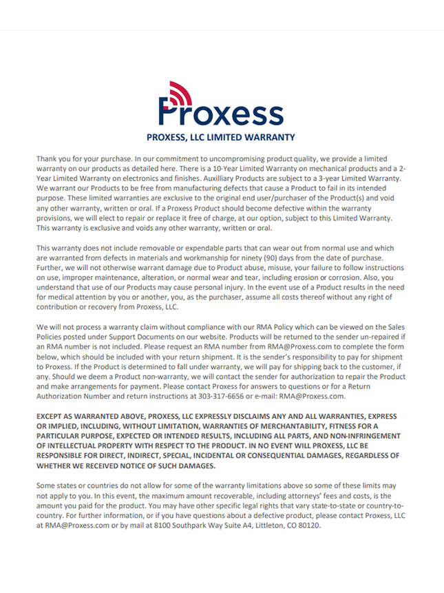 Proxess Limited Warranty and RMA Form